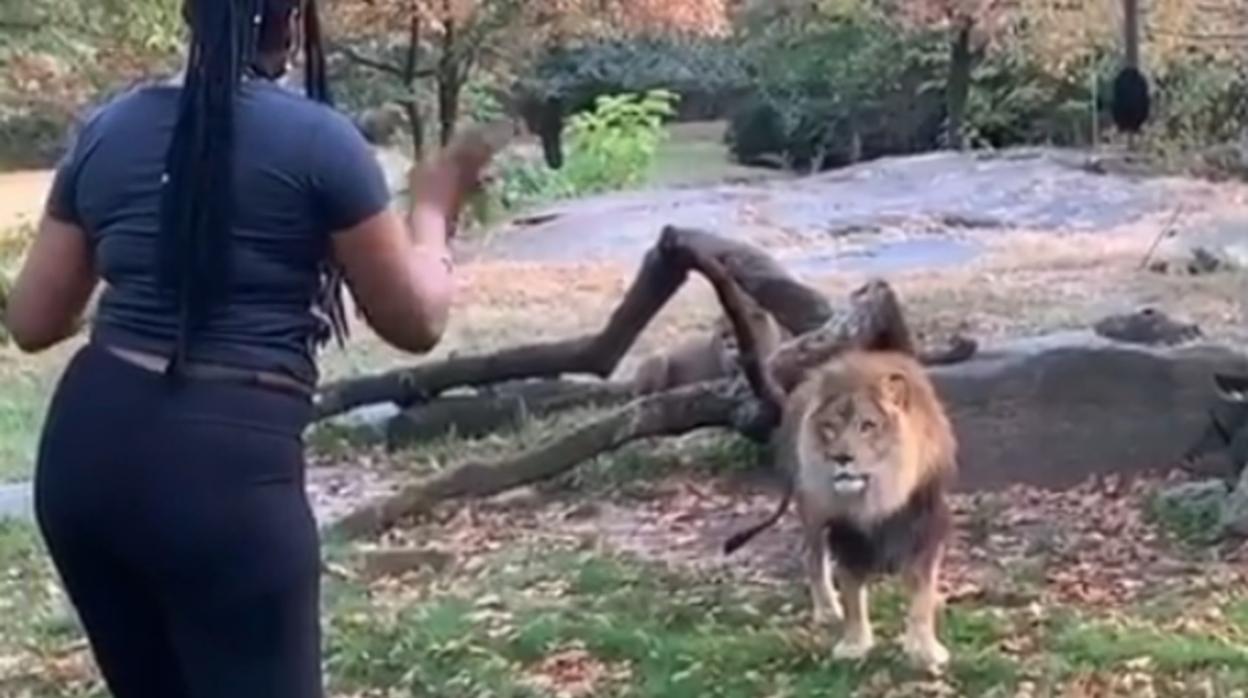 Myah Autry gesticula delante de un león africano en el Zoológico de El Bronx (EE.UU.)