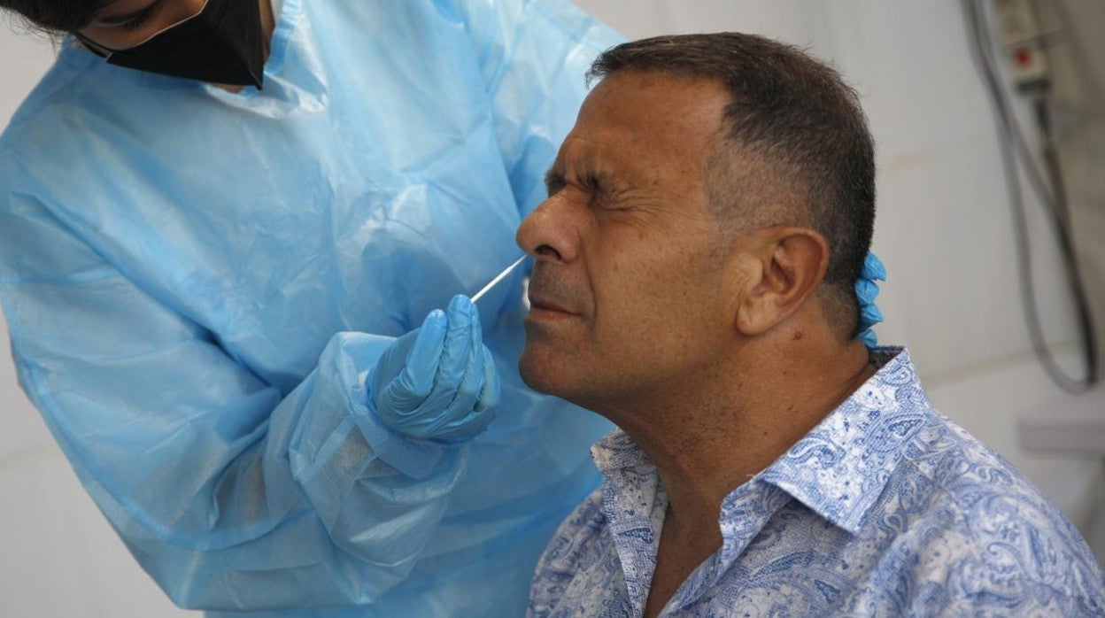 Un sanitario hace un test de antígenos en Can Milà a un hombre que va a participar en un ensayo sobre coronavirus en bares musicales, en Barcelona, Cataluña