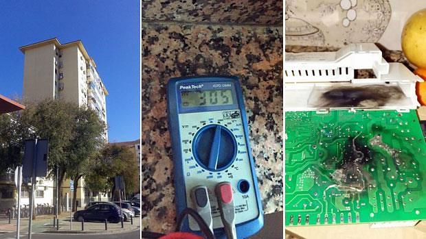 Uno de los edificios afectados; un voltímetro indicando más tensión de la habitual, y el cuadro eléctrico de un lavavajillas, fundido