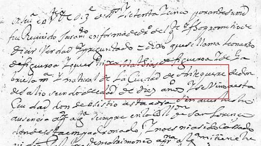 Extracto de la toma de dichos de Leonardo de Figueroa e Isabel Quintero, donde afirma ser de Antequera y residir en Sevilla desde los diez años