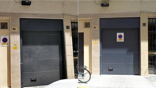 A la izquierda, el vado pegado a la pared a 54 centímetros de la puerta a la que afecta. En la otra imagen aparece la señal instalada correctamente