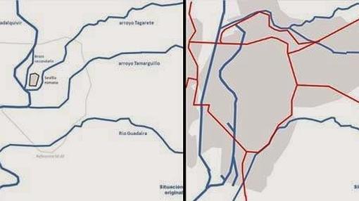 A la izquierda, Sevilla originalmente. A la derecha, los cambios actuales del río (en rojo, Se-30 y autovías)