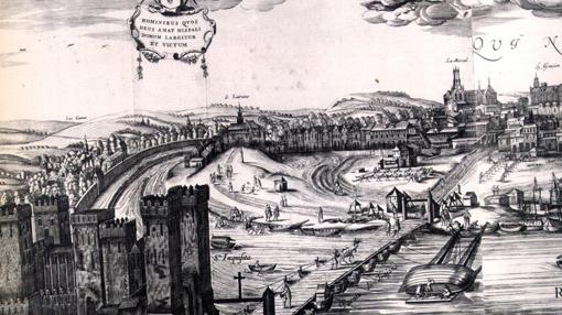 Grabado de 1617 donde se describe el puente de barcas como «Trajano»