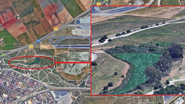 Montaje con fotos de satélite de la laguna del parque del Tamarguillo próxima al aeropuerto de Sevilla