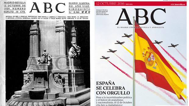 La primera portada de ABC de Sevilla y la de este 12 de octubre. 87 años han pasado desde entonces