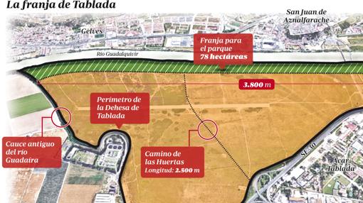 Mapa de Tablada con la franja para el parque fluvial