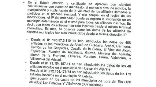 Extracto de la denuncia presentada por los oficialistas ante el Comité de Garantías del PP