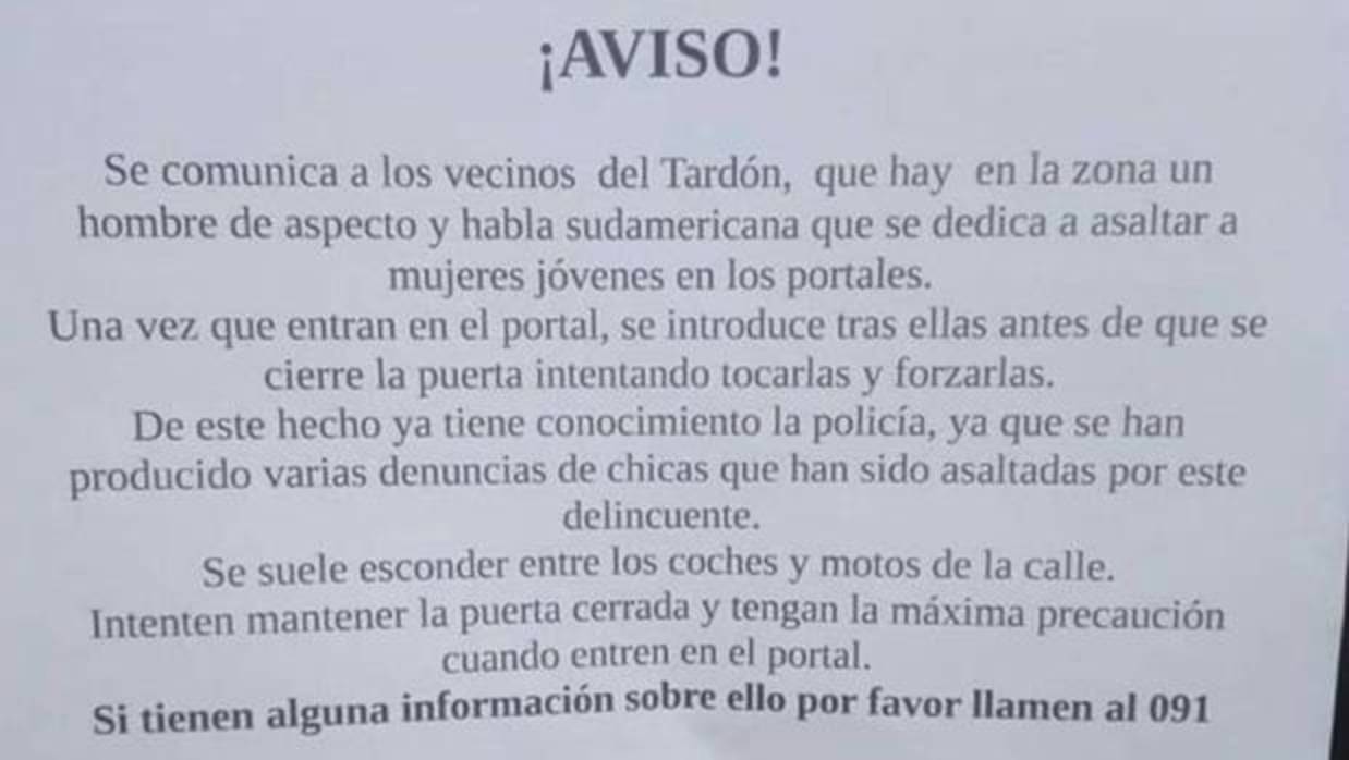 Cartel que los vecinos de El Tardón han repartido por el barrio para advertir del problema