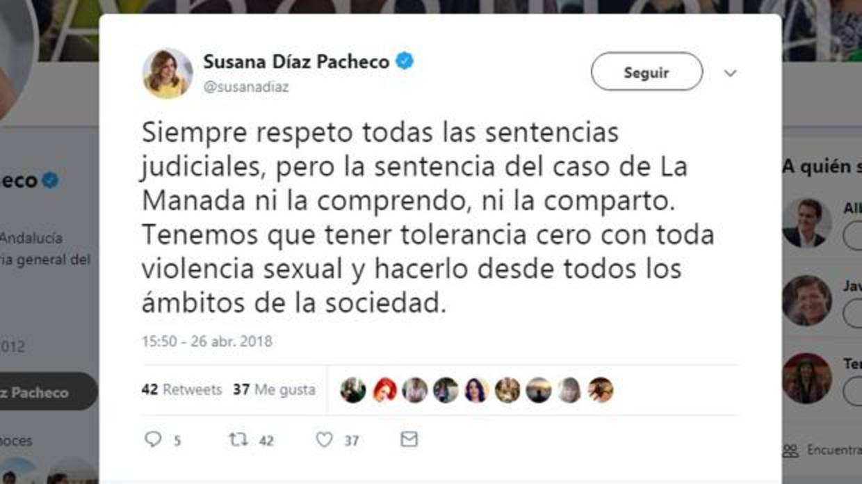 Captura del tuit emitido desde la cuenta oficial de Susana Díaz