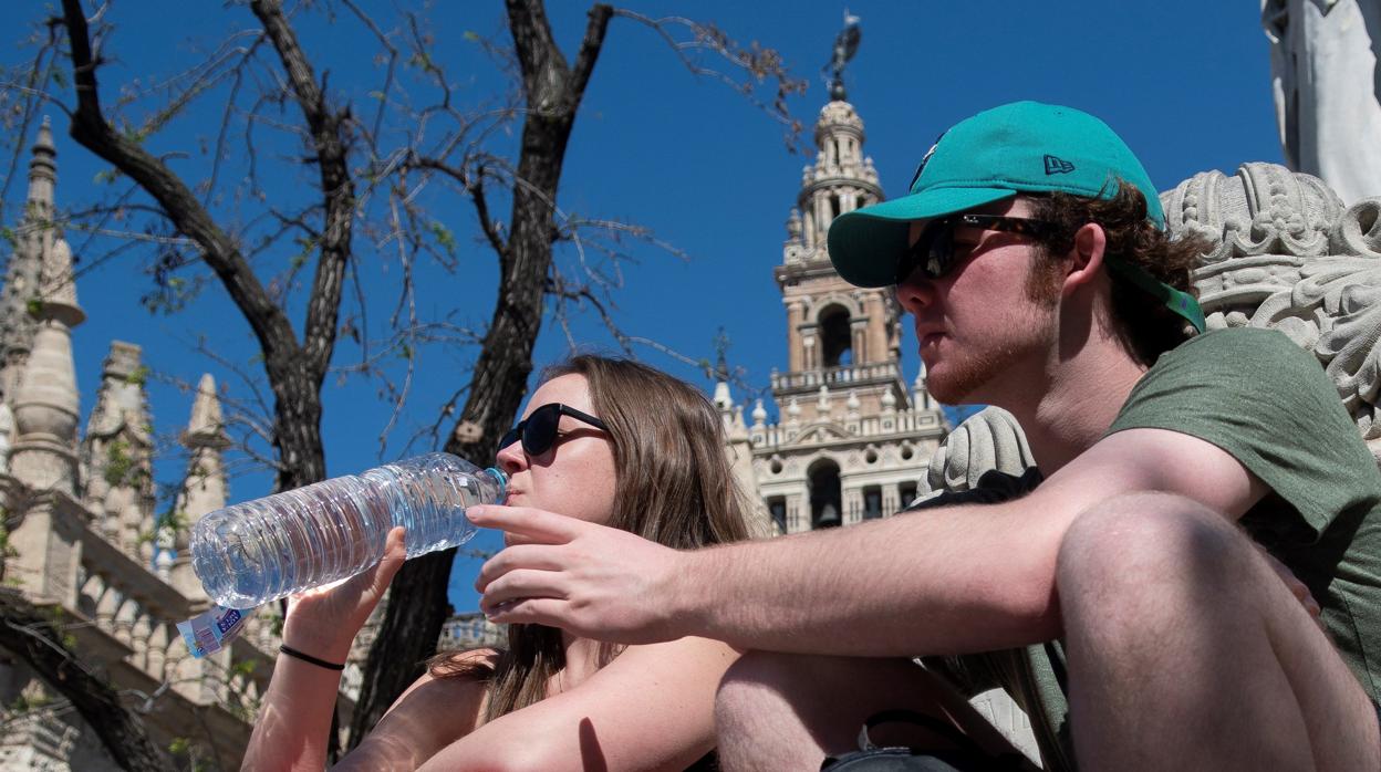 Una pareja de turistas se refresca en la Plaza de Triunfo de Sevilla