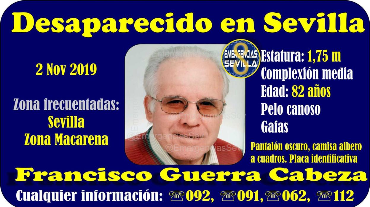 Cartel informativo de Emergencias Sevilla en la que se anuncia la desaparición de un anciano en Sevilla