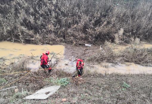 Dos bomberos descienden al cauce del Tamarguillo para limpiarlo