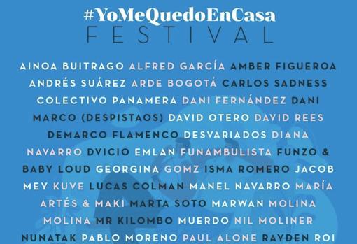 Cartel de los artistas participantes en el festival #YoMeQuedoEnCasa que tendrá lugar entre el 13 y el 15 de marzo