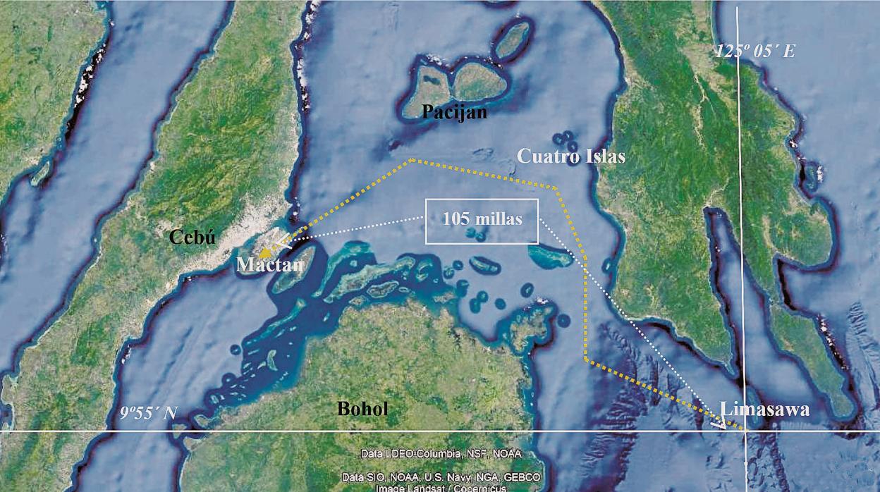 Mapa de la travesía por las islas de Limasawa, Bohol y Cebú, actualmente Filipinas