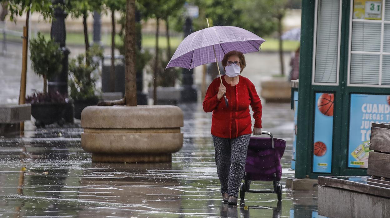 Una señora regresa de hacer la compra bajo la lluvia en la Sevilla del coronavirus