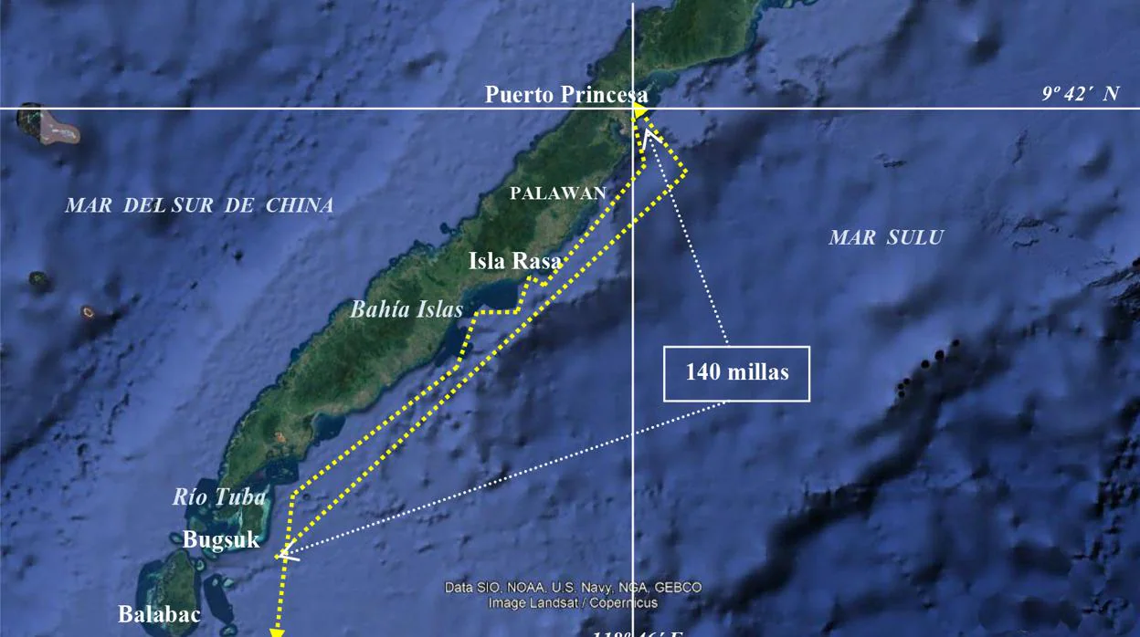 Mapa de Isla Palawán, entre los mares del Sur de China y Sulu
