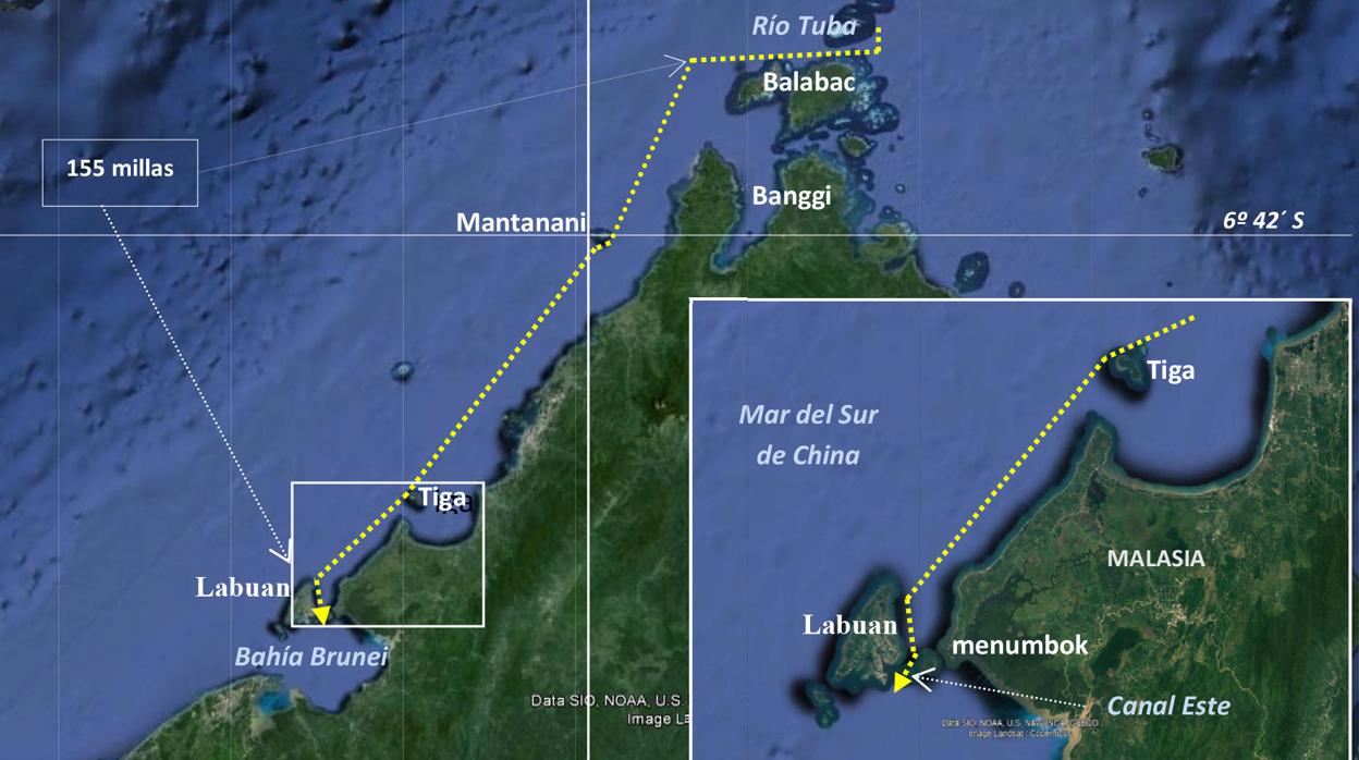 La expedición parte hacia el Sur en dirección a la bahía de Brunei, situada entre Lubuan y Menumbok