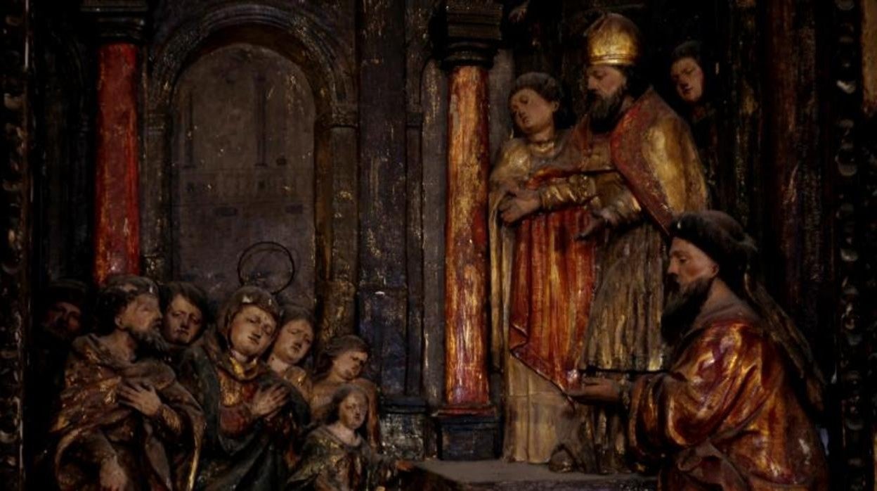 Detalle del retablo de «La presentación de la Virgen en el templo» antes de su restauración