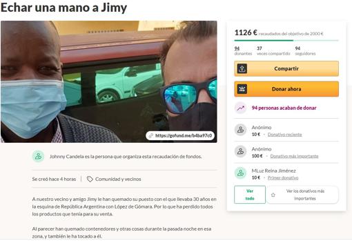 Portal de Gofundme, que está acogiendo la campaña en favor de Jimy