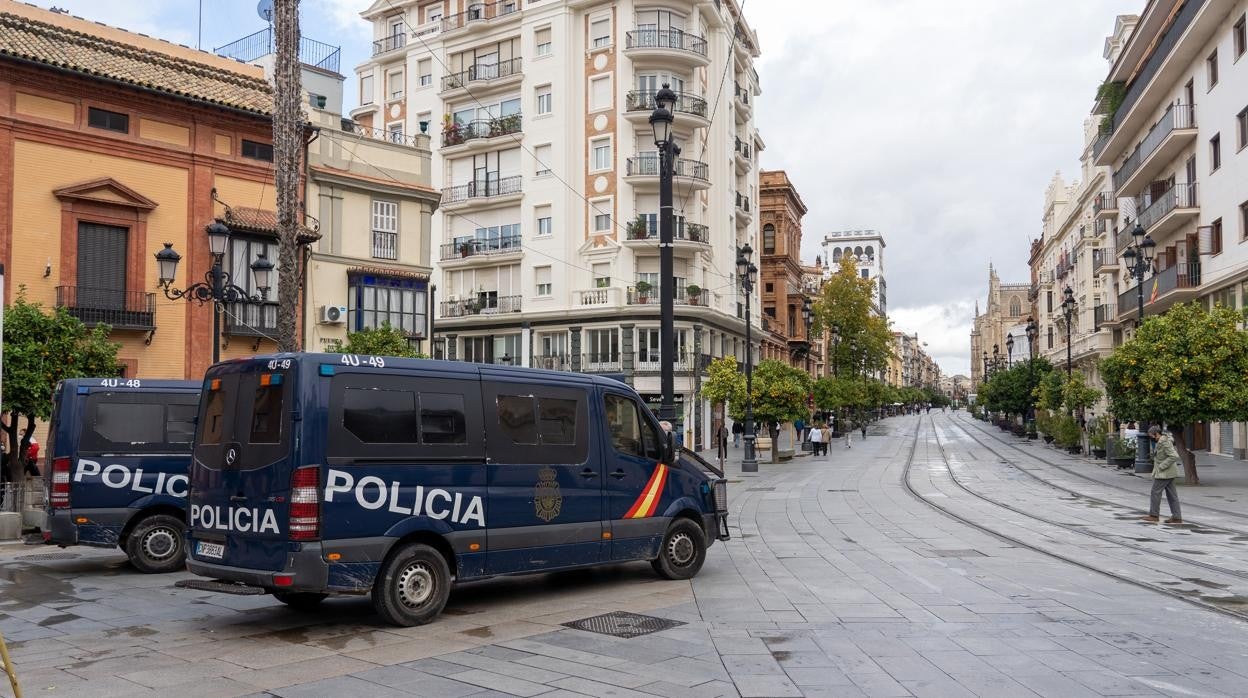 Dos furgonas de la Policía Nacional en la avenida de la Constitución