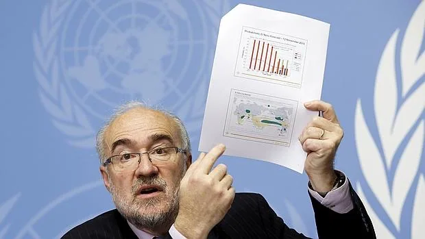 El secretario general de la Organización Mundial de la Meteorología (OMM), Michel Jarraud, durante la rueda de prensa de hoy en Ginebra