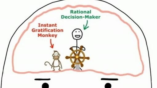 El mono de la gratificación instantánea «lucha» contra el que toma las decisiones racionales en un procrastinador