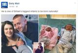 Captura del Facebook de Daily Mail, donde se puede apreciar el tamaño del bebé