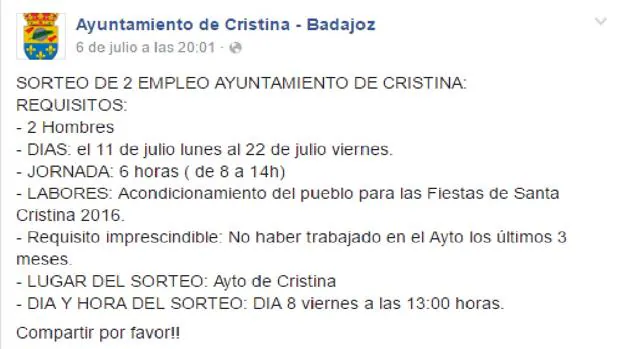 La oferta de empleo de Cristina
