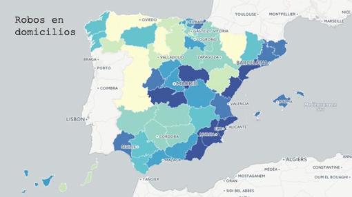 Robo en domicilios, en azul intenso las provincias con un ratio más alto