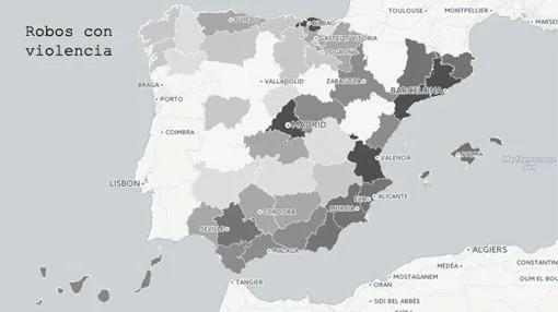 En la imagen, en gris más oscuro, aquellas provincias con un ratio mayor de robos por habitante; en blanco, aquellas con un ratio menor