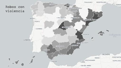 En la imagen, en gris más oscuro, aquellas provincias con un ratio mayor de robos por habitante; en blanco, aquellas con un ratio menor