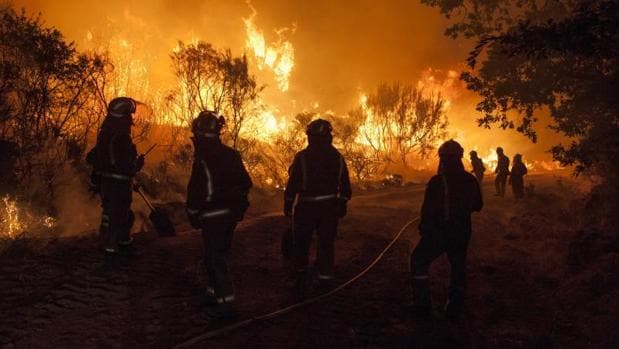 Brigadistas trabajando para sofocar las llamas del incendio forestal declarado el pasado agosto en Cualedro (Galicia)