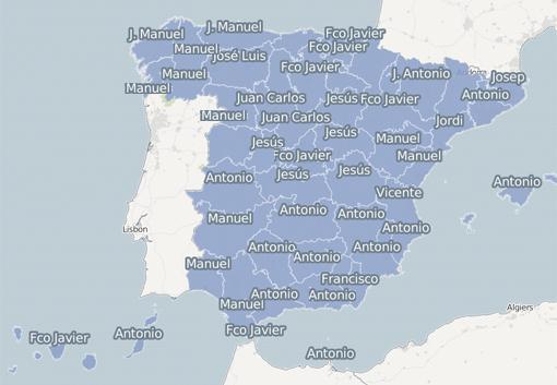 Distribución de los nombres de hombres más usados por provincias en la década de los 60