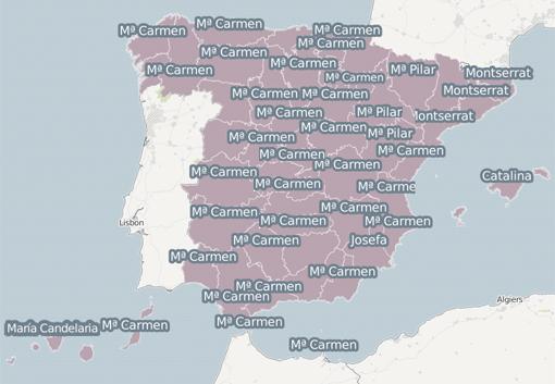 Distribución de los nombres de mujer más usados por provincias en la década de los 60