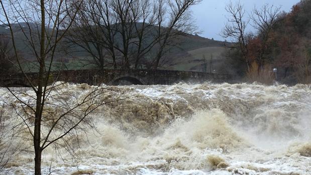 El río Arga, desbordado hoy en Navarra, donde el asesino confeso arrojó el domingo presuntamente su mensaje