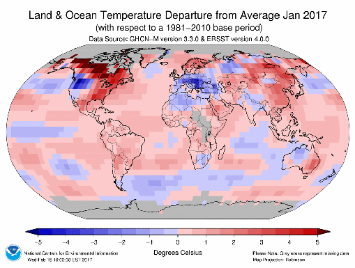 Anomalías de temperatura en la superficie terrestre y los océanos en el mes de enero de 2017