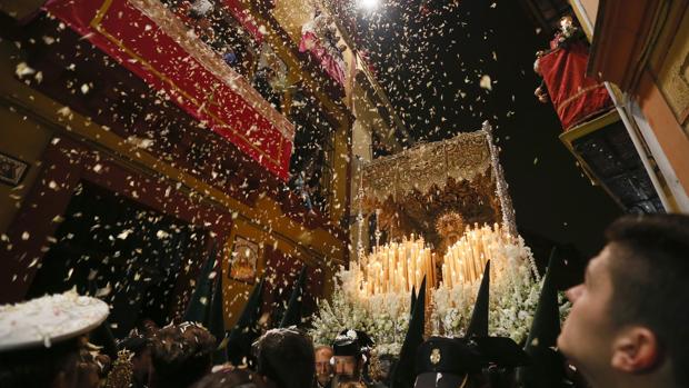 Lluvia de pétalos sobre la Esperanza de Triana