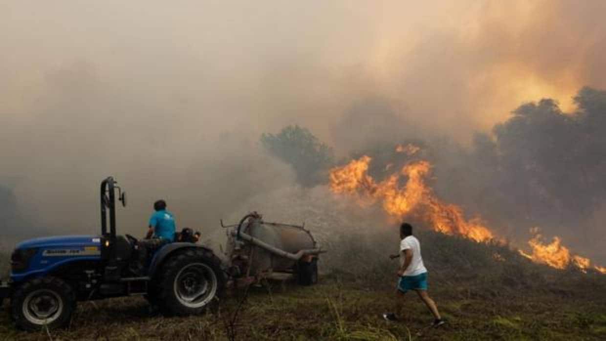 Un grupo de vecinos combaten un incendio en la Villa Pisao, en Mealhada (Portugal)