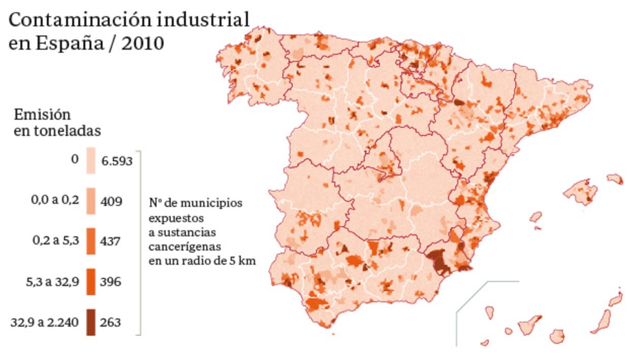 Nueve millones de españoles, en riesgo de cáncer por vivir cerca de un foco industrial