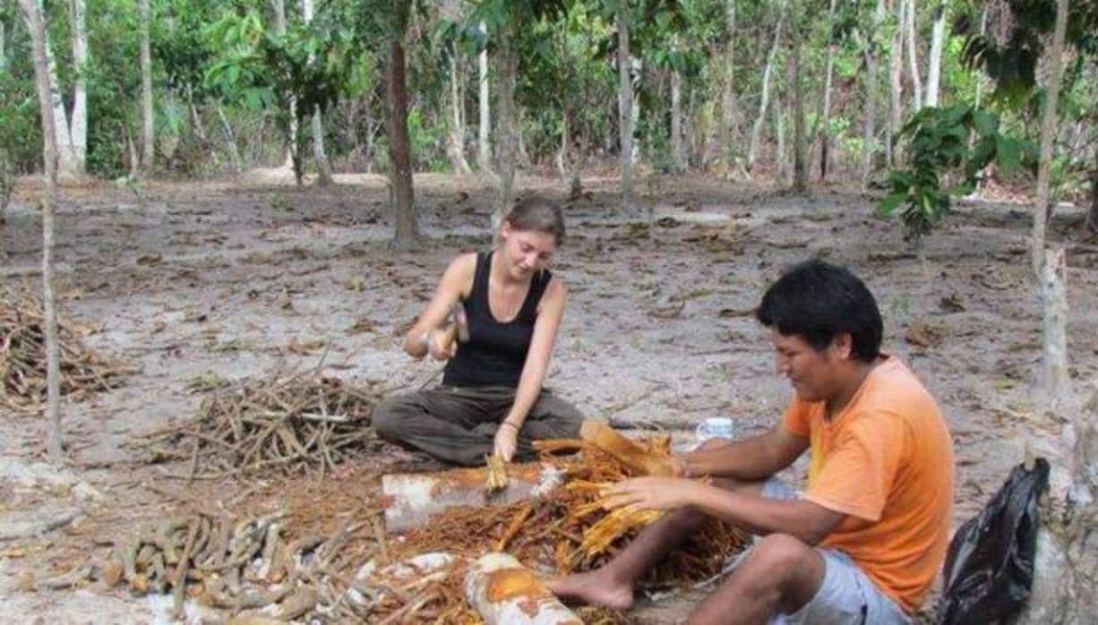 Dos personas preparan ayahuasca en la Amazonía de Perú