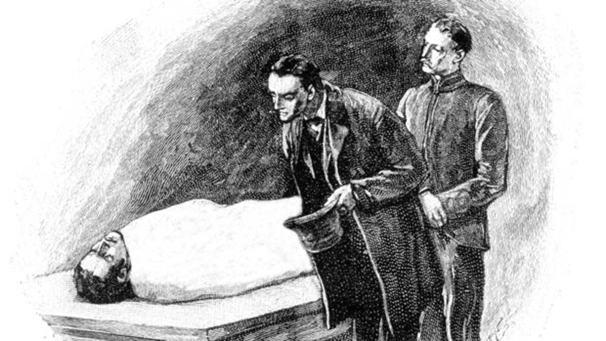 Ilustración de dos caballeros observando un cadáver para la novela «Maximilien Heller» de Henry Cauvain
