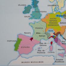 Mapa de Historia para enseñar a los alumnos de la ESO; aparece en la misma época la palabra España y en el otro Castilla
