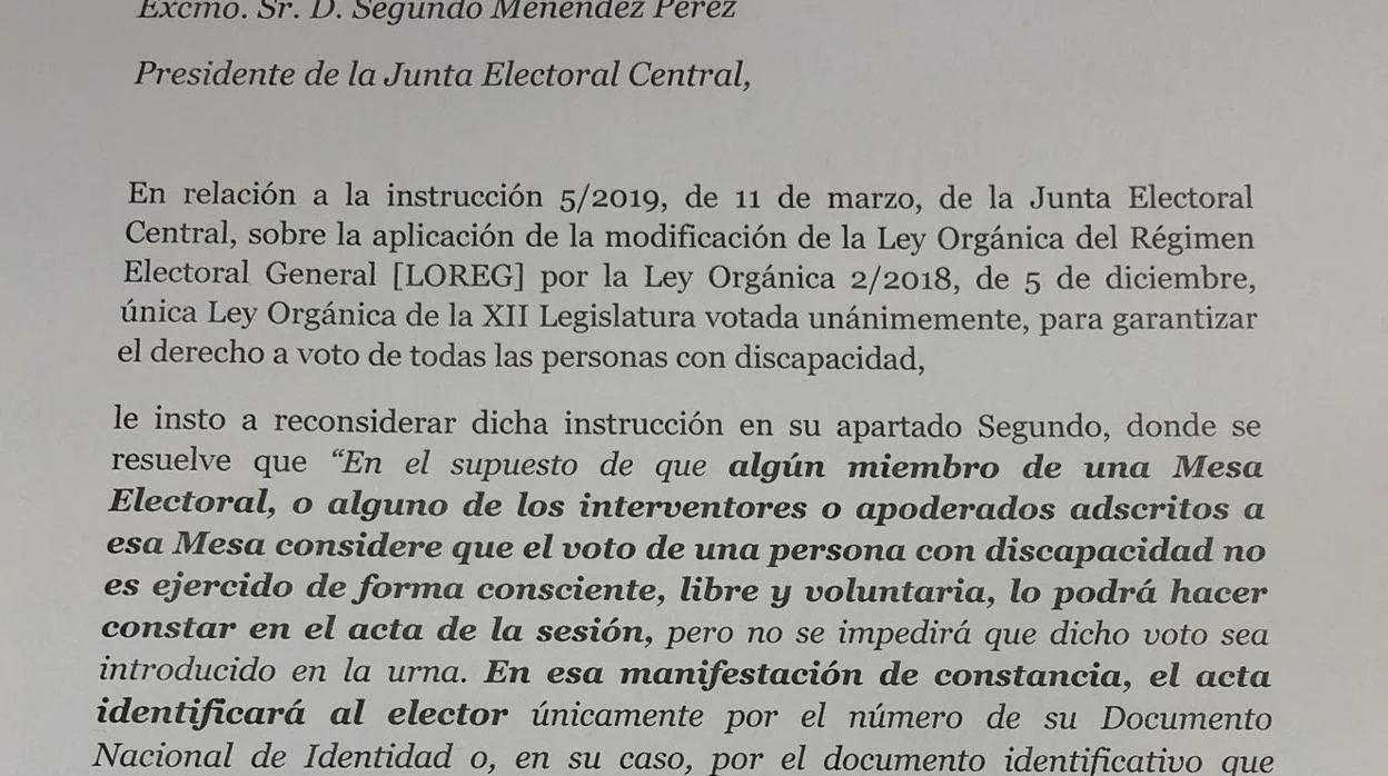 Carta dirigida por el diputado Iñigo Alli (UPN) a Segundo Menéndez Pérez, presidente de la Junta Electoral Central