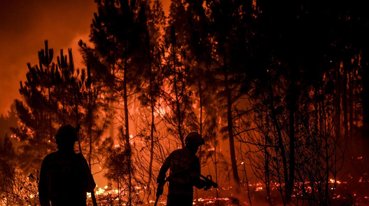 Bomberos intentan apagar las llamas en la localidad de Cardigos, en el centro de Portugal