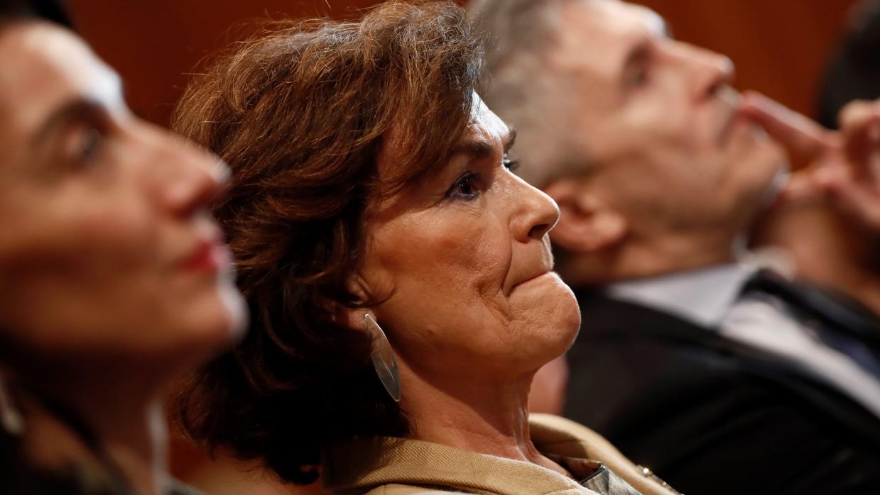 Pilar Llop, Carmen Calvo y Fernando Grande-Marlaska, en el acto de tributo