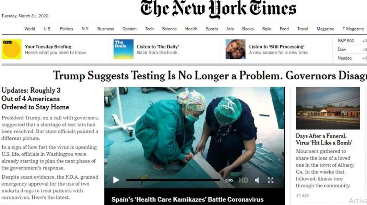 Portada digital de «The New York Times» sobre la crisis del coronavirus