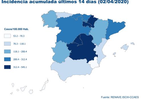 Incidencia acumulada de casos de coronavirus en España