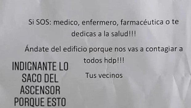 El cruel mensaje de unos vecinos a los profesionales de la salud de su edificio: «Nos vas a contagiar a todos»