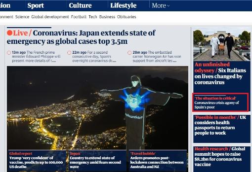 Portada internacional de la web de «The Guardian»