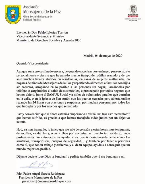 La carta de elogio del padre Ángel a Pablo Iglesias era una «plantilla» que envío a otras 300 personas